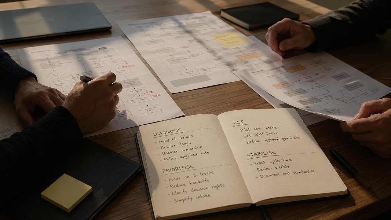 Structured working session reviewing process maps and priorities