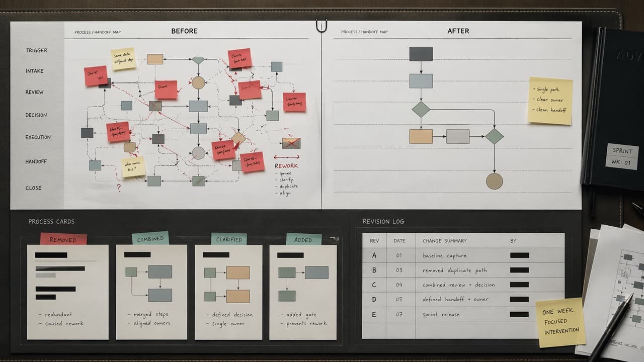Before and after process map showing a focused sprint outcome