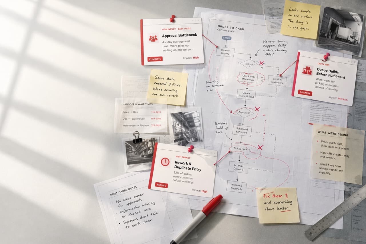 Redacted workflow visual showing business friction being diagnosed