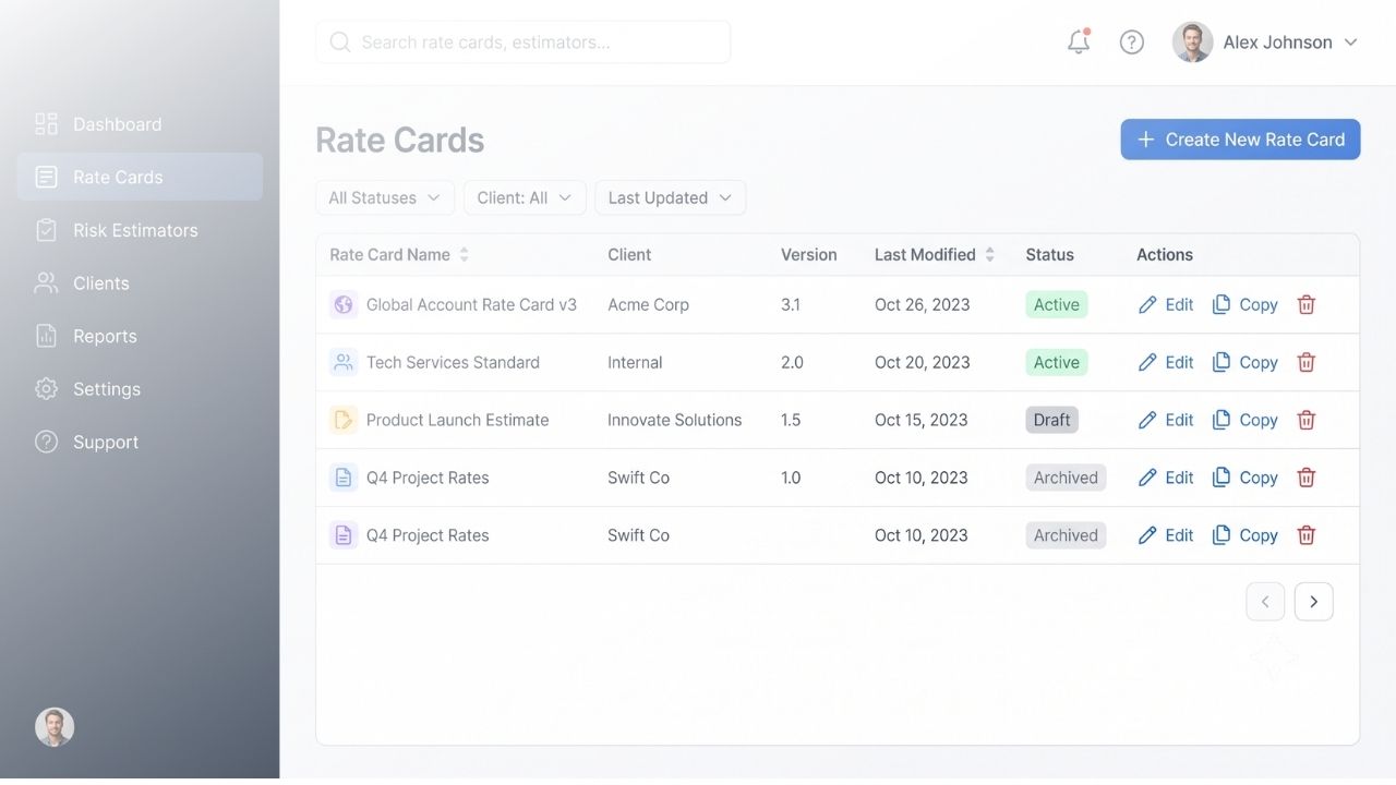 SI rate-card and risk-estimator interface